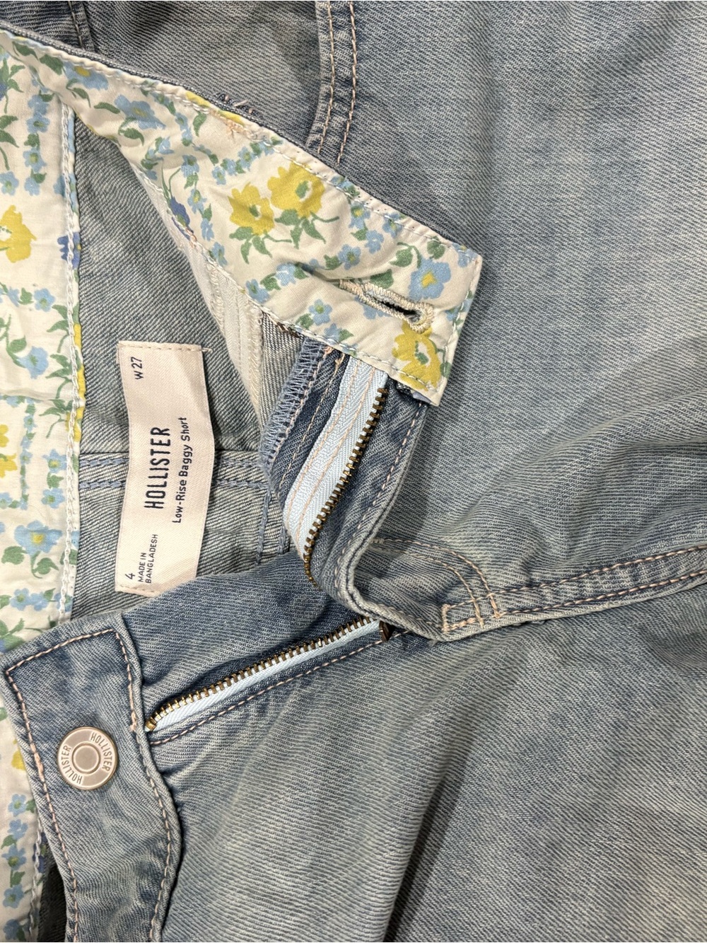 Hollister Light Blue Low-Rise Baggy Short with Floral Waistband